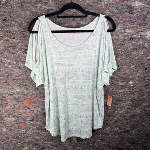 Mudd Scoop Cold Shoulder Top XL Aqua Aztec Print Boho Casual Tunic